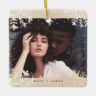 Minimal Snowflakes Frame Merry and Married Photo Ceramic Ornament