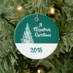 Minimal Snowy Tree Teal and White Holiday Keepsake Ceramic Ornament