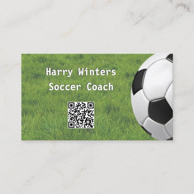 Minimal Soccer Ball Grass QR Code Football Coach Business Card (Front)