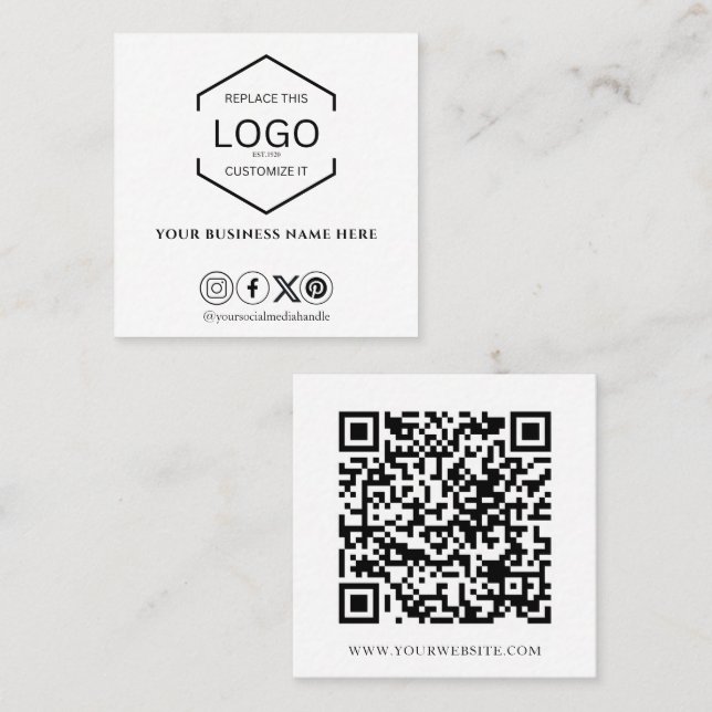 Minimal Social Media QR Code Black and White Square Business Card (Front/Back)