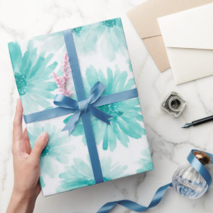 Minimal Soft Blue Mint Daisy Watercolor Pattern Wrapping Paper