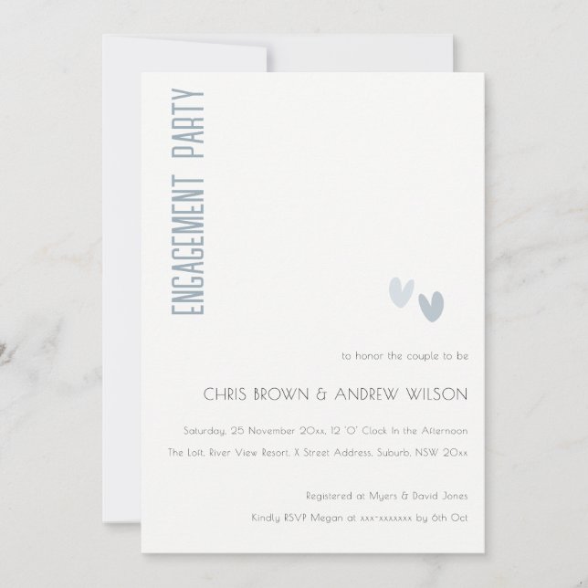 Minimal Soft Elegant Dusky Blue Hearts Engagement Invitation (Front)