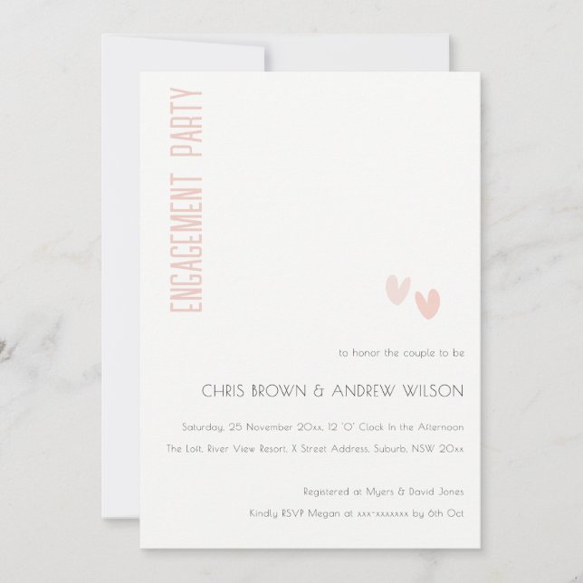 Minimal Soft Elegant Dusky Pink Hearts Engagement Invitation (Front)