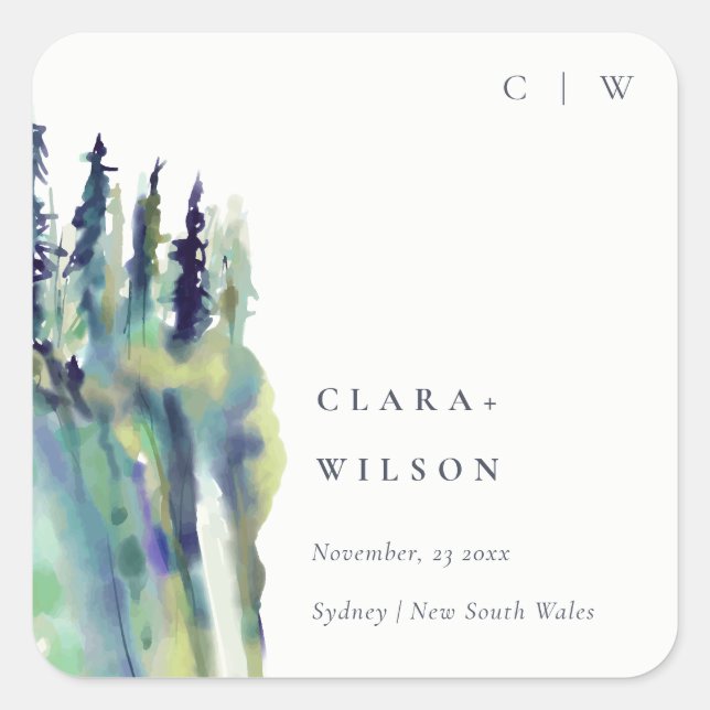 Minimal Soft Pine Tree Mountain Landscape Wedding Square Sticker (Front)