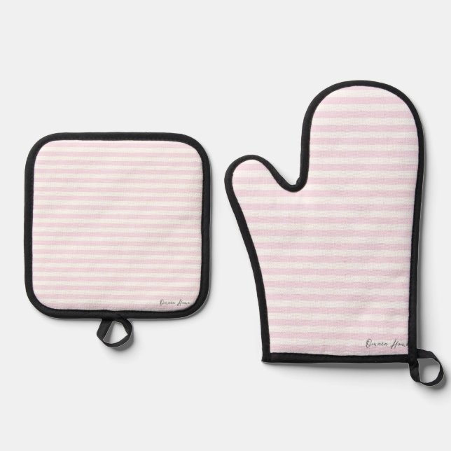 Minimal Soft Pink Stripes Oven Mitt & Pot Holder Set (Front)