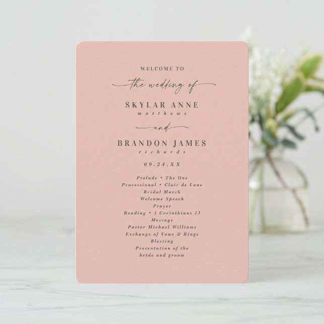 Minimal Solid Blush Pink Wedding Ceremony Program (Standing Front)