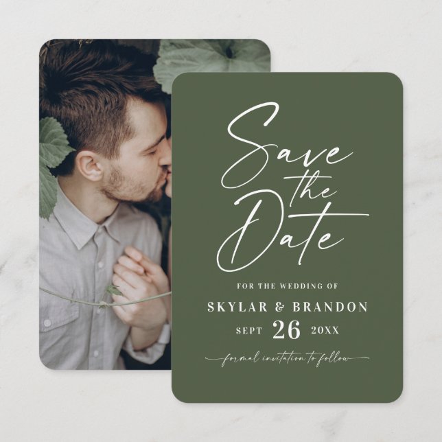 Minimal Solid Monstera Dark Green Colour Wedding Save The Date (Front/Back)