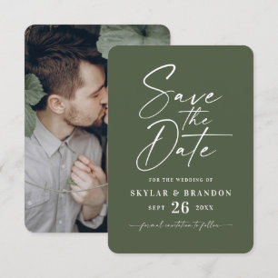 Minimal Solid Monstera Dark Green Colour Wedding Save The Date