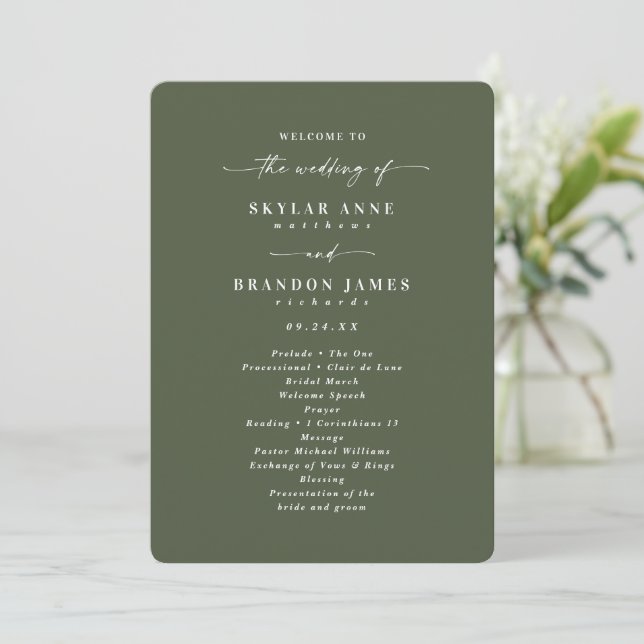 Minimal Solid Monstera Green Wedding Ceremony Program (Standing Front)