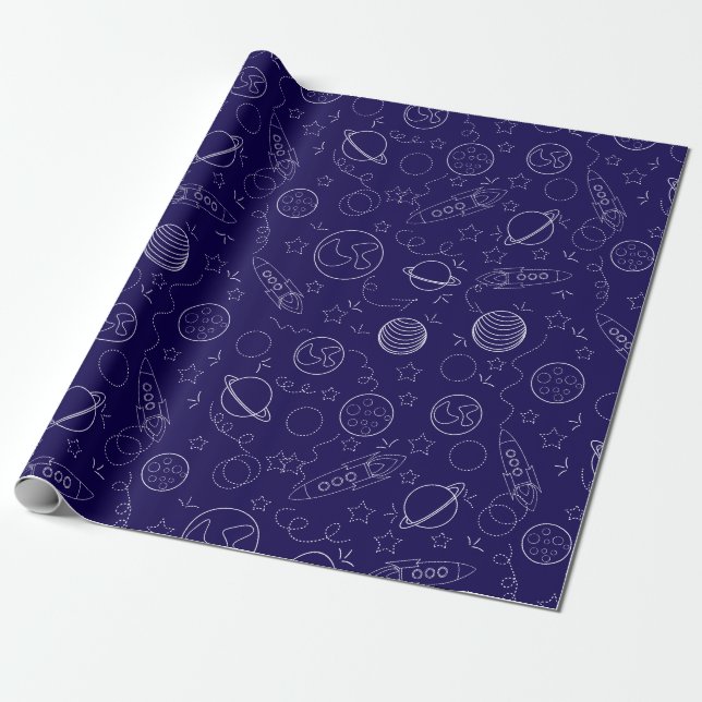 "Minimal Space-Themed Pattern – Rockets, Planets,  Wrapping Paper (Unrolled)