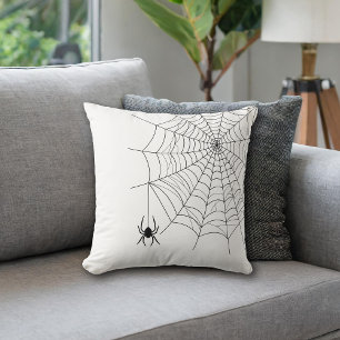 Minimal Spider Web And Hanging Spider Halloween Throw Pillow