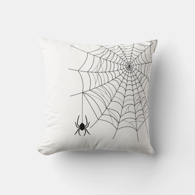 Minimal Spider Web And Hanging Spider Halloween Throw Pillow (Front)