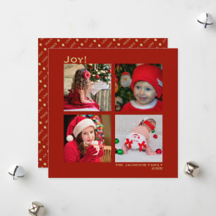 Minimal Square 4 Photo Christmas Joy Red Holiday Card