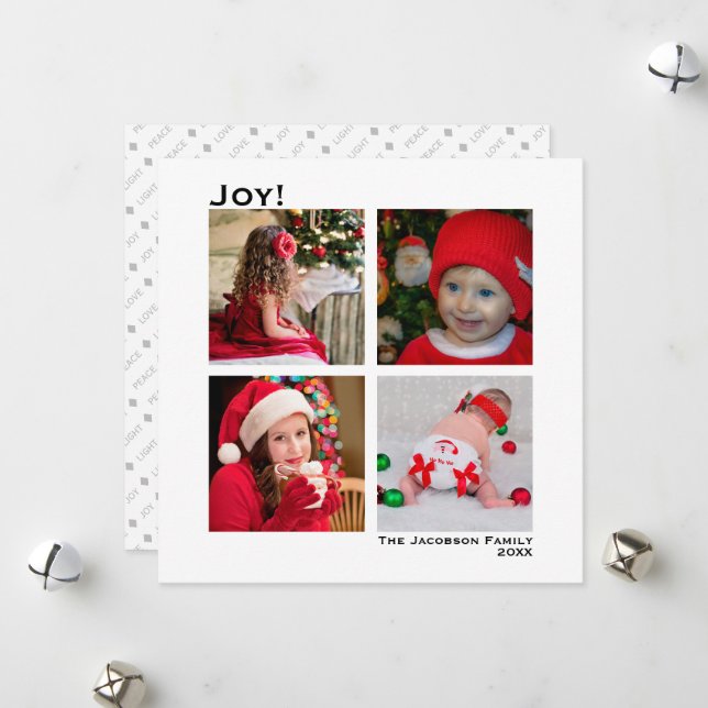 Minimal Square 4 Photo Christmas Joy White Holiday Card (Front/Back In Situ)