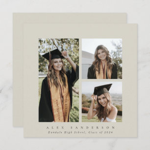 Minimal Square Beige Frame Triple Photo Graduation Announcement
