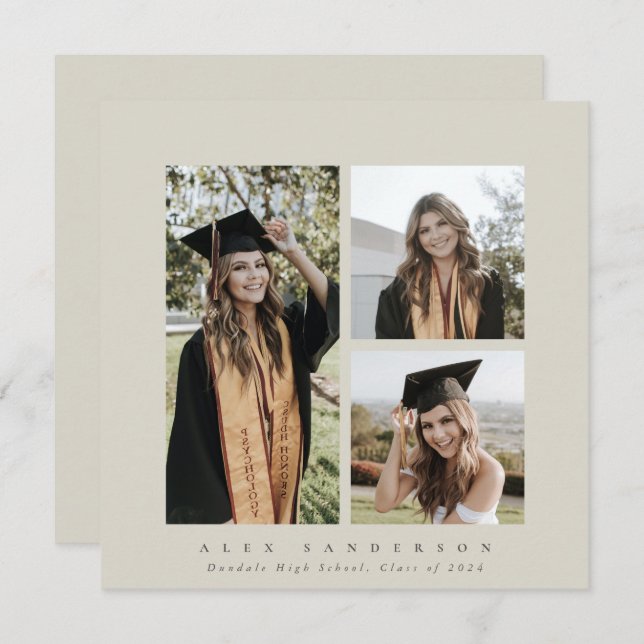 Minimal Square Beige Frame Triple Photo Graduation Announcement (Front/Back)