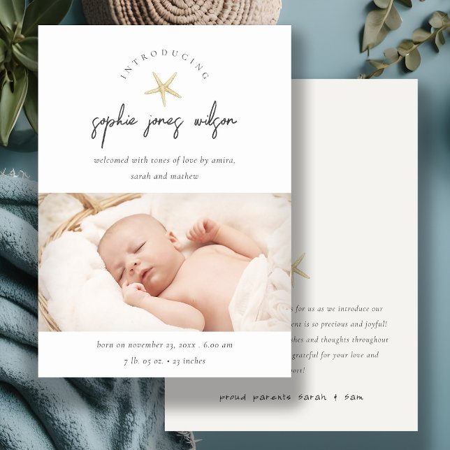 Minimal Starfish Script Photo Birth Announcement (Creator Uploaded)