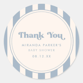 Minimal Striped Dusty Blue Baby Shower Thank You Classic Round Sticker
