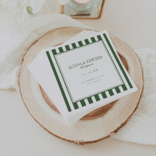 Minimal Striped Green Wedding Bride Groom Names Napkin