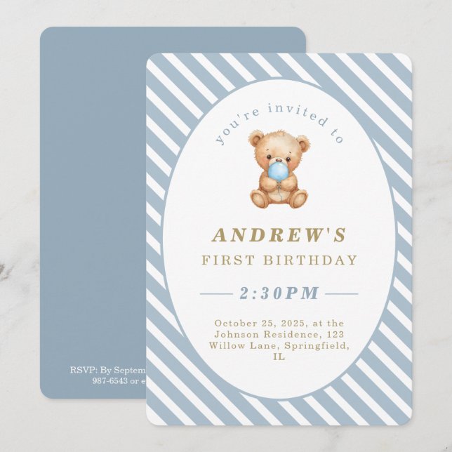 Minimal Stripes Teddy Bear First Birthday  Invitation (Front/Back)
