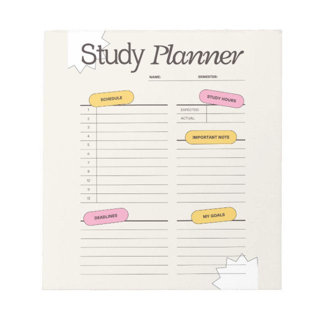 Minimal Study Planner With Hourly Schedule Notepad (Front)