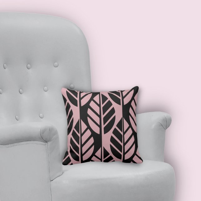 Minimal Stylized Black and Pink Leaves Throw Pillow (Minimal Stylized Black and Pink Leaves Pattern Throw Pillow)
