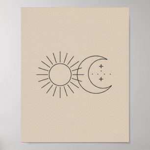 Minimal Sun and Moon Line Art Boho Aesthetic Poster