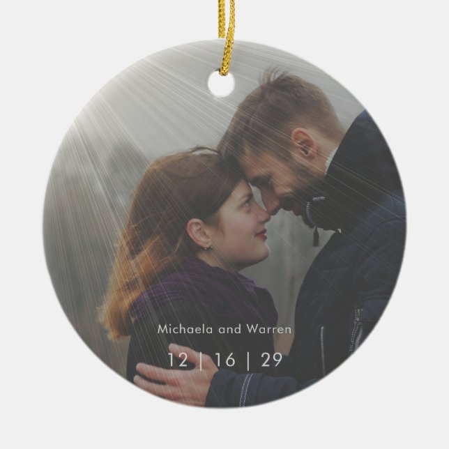 Minimal Sunrays Photo First Christmas Wedding Ceramic Ornament (Front)