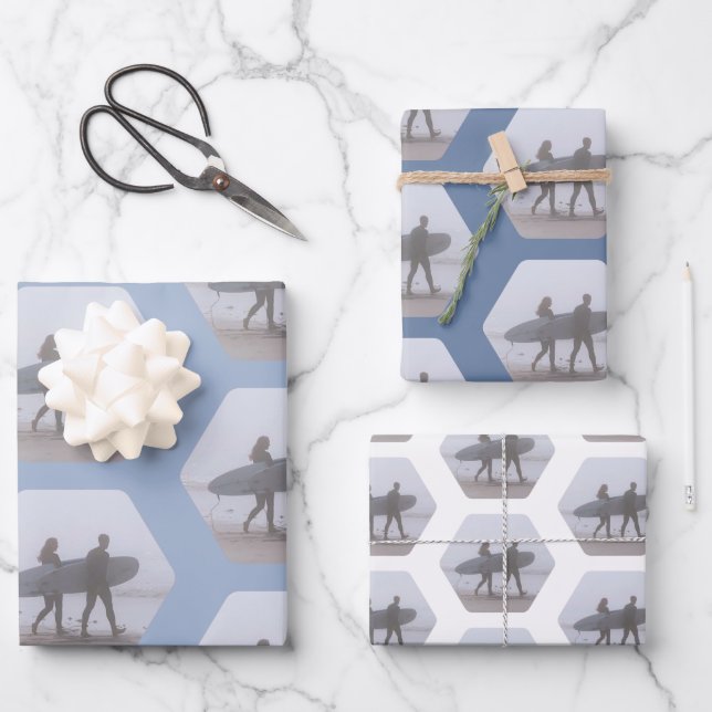 Minimal Surfer Couple Dusty Blue Wrapping Paper Sheet (Front)