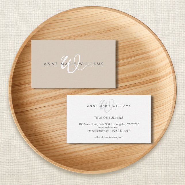 Minimal Tan White Script Monogram Business Card (Creator Uploaded)