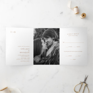 Minimal Taupe Monogram Photo Modern Wedding Tri-Fold Invitation