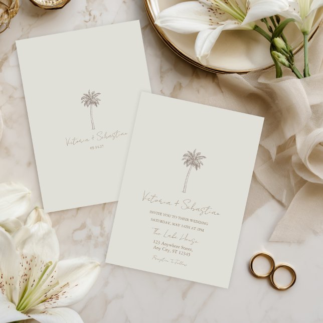 Minimal Taupe Palm Tree Beach Wedding Invitation (Créateur téléchargé)
