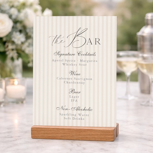 Minimal Taupe Stripe Wedding Bar Menu  Invitation (Creator Uploaded)