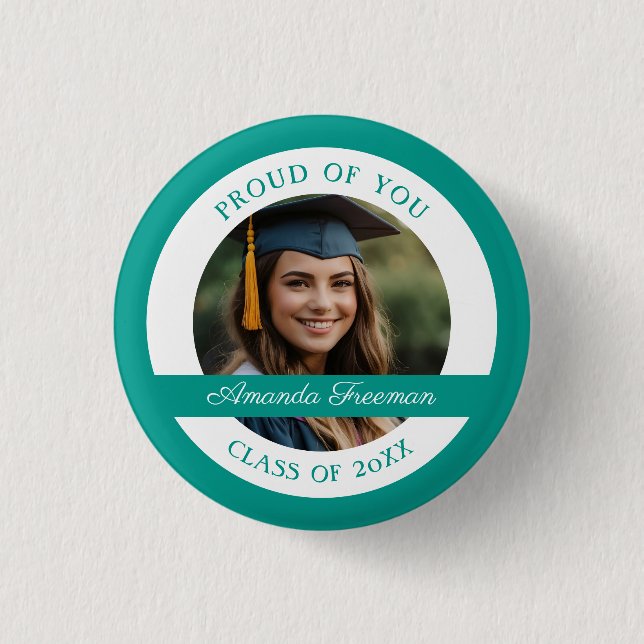 Minimal Teal and White Graduate Photo 1 Inch Round Button (Front)