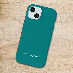 Minimal Teal Monogram Cursive Name iPhone 15 Case