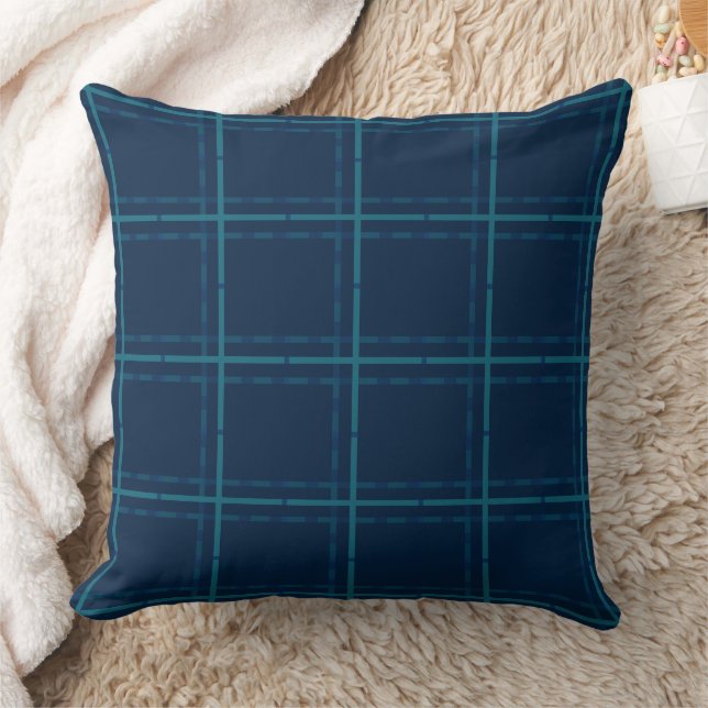 Minimal Teal Plaid On Navy Blue Throw Pillow (Blanket)