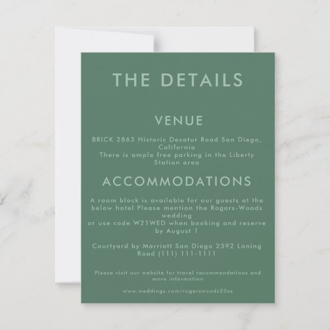 Minimal Teal Wedding Details Invitation (Front)