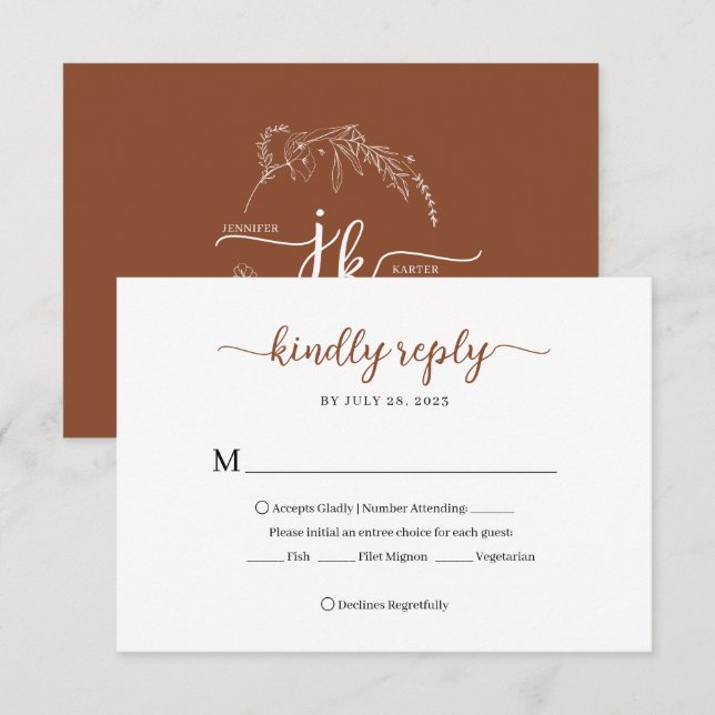 Minimal Terracotta Floral Monogram Wedding RSVP Card (Front/Back)