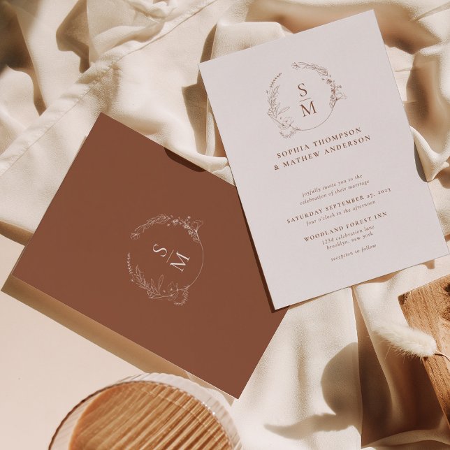 Minimal Terracotta Floral Wreath Monogram Wedding Invitation (Creator Uploaded)