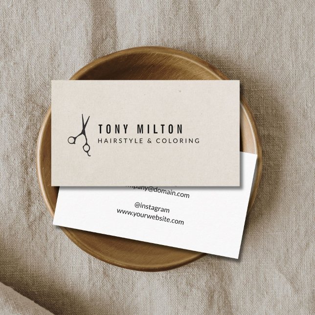 Minimal Texture Beige Black Scissors Hairstylist Business Card (Creator Uploaded)
