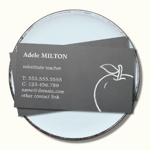Minimal Textured Grey White Apple Teacher Business Card