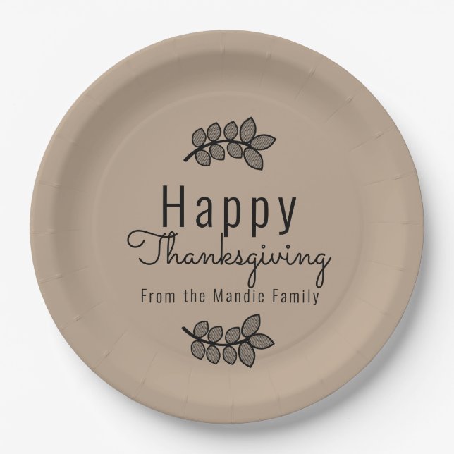 Minimal Thanksgiving Branch Greenery Script Paper Plate (Front)
