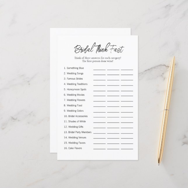 Minimal "Think Fast" Bridal Shower Game (Front/Back In Situ)
