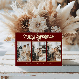 Minimal Three Photo Burgundy Red Merry Christmas Foil Holiday Card