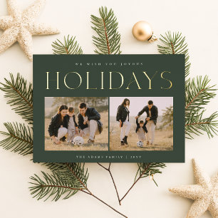 Minimal Three Photo Green Family Photo Foil Holiday Card