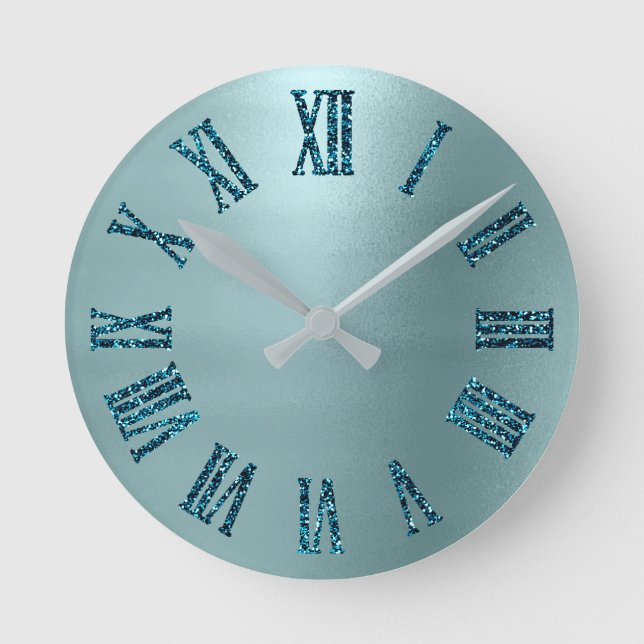 Minimal Tiffany Aqua Teal Glitter Roman Numbers Round Clock (Front)