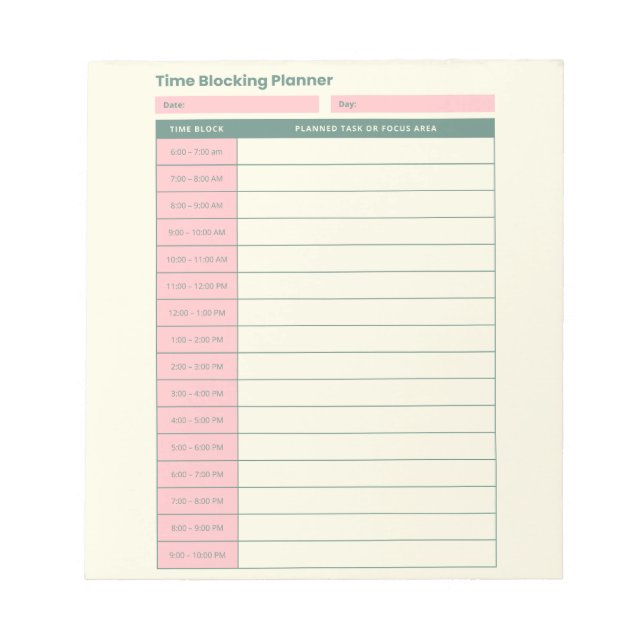 Minimal Time Blocking Planner Pink Layout Notepad (Front)