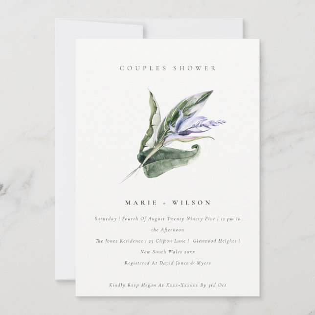 Minimal Tropical Leafy Blue Floral Couples Shower Invitation (Front)