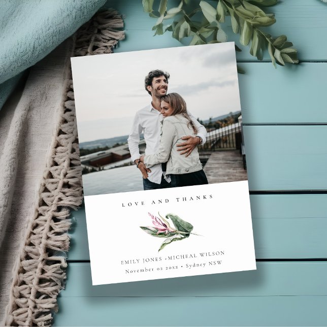 Minimal Tropical Leafy Pink Floral Photo Wedding Thank You Card (Creator Uploaded)