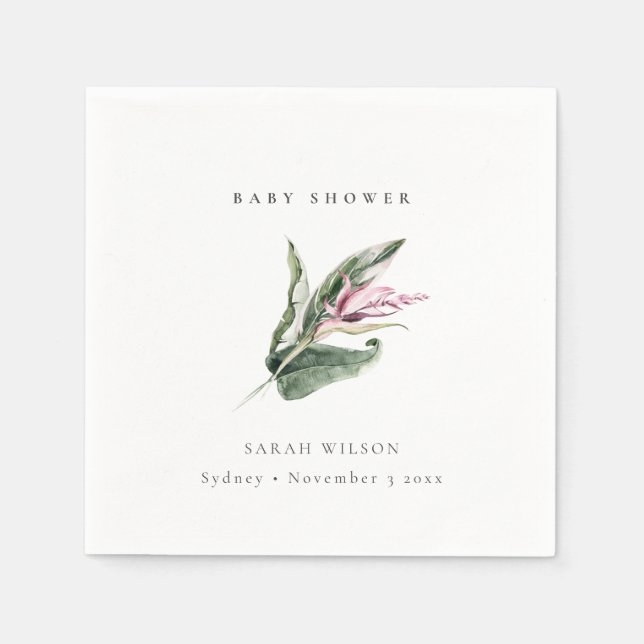 Minimal Tropical Pink Leafy Floral Baby Shower Napkin (Front)